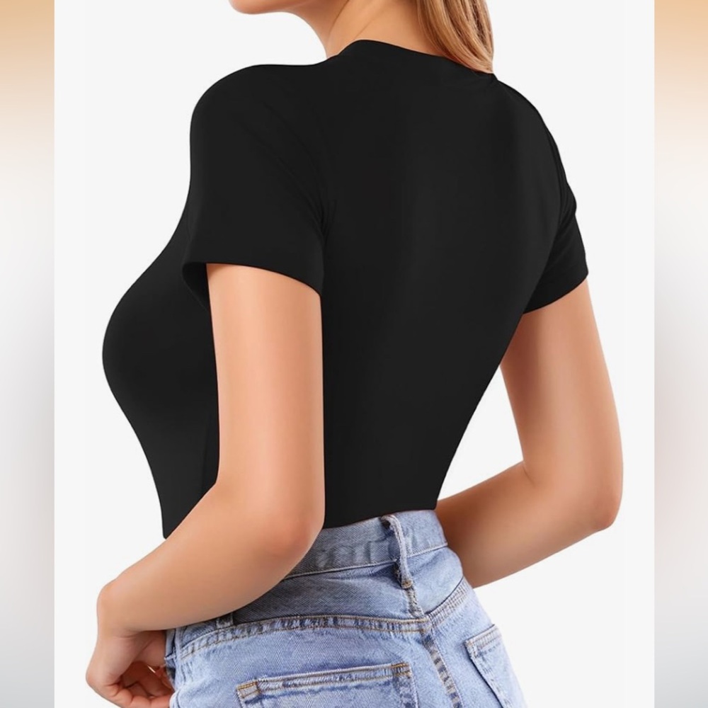 Women's Crew Neck Short Sleeve Bodysuit Size Large Black - Picture 3 of 7